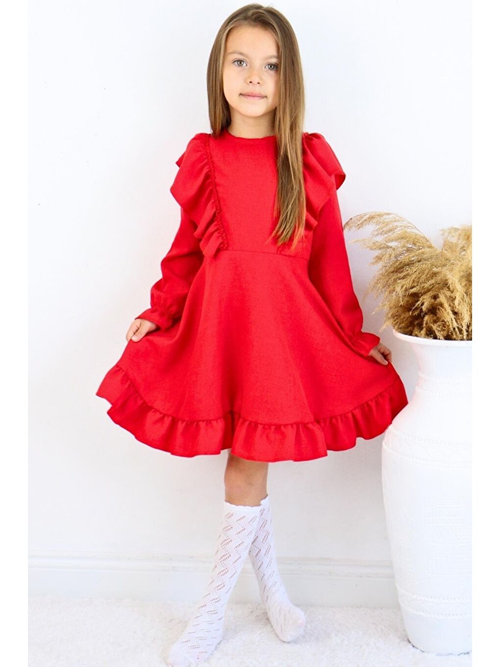 Kız Çocuk Catherine Kırmızı Fiyonklu Fırfırlı Uzun Kol Keten 23 Nisan 29 Ekim Gösteri Elbisesi-2