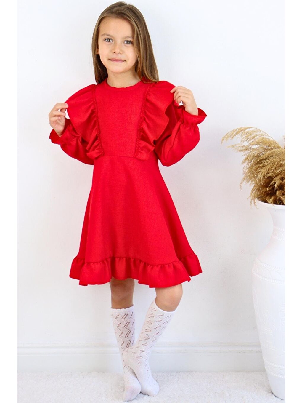 Kız Çocuk Catherine Kırmızı Fiyonklu Fırfırlı Uzun Kol Keten 23 Nisan 29 Ekim Gösteri Elbisesi-4