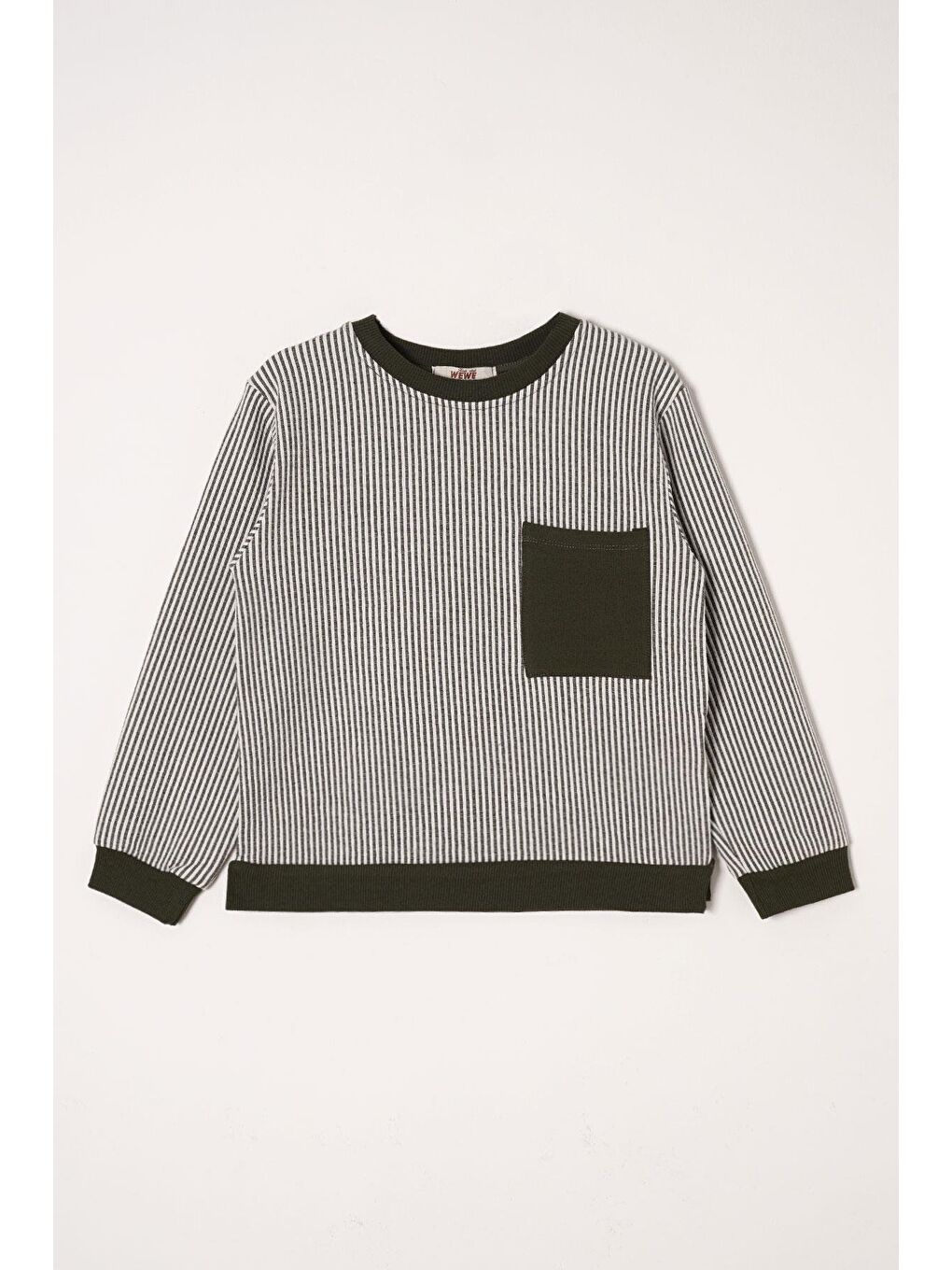 Bisiklet Yaka Tek Cep Haki Renk Erkek Çocuk Çizgili Sweatshirt