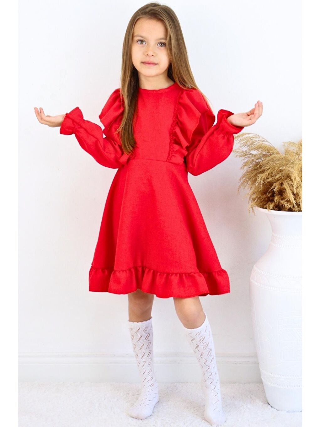 Kız Çocuk Catherine Kırmızı Fiyonklu Fırfırlı Uzun Kol Keten 23 Nisan 29 Ekim Gösteri Elbisesi-6