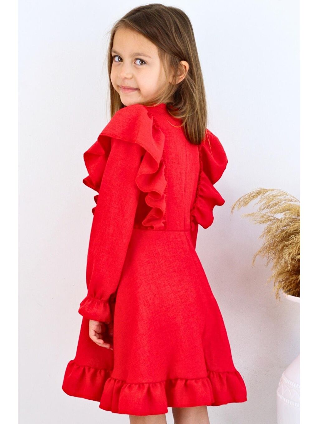 Kız Çocuk Catherine Kırmızı Fiyonklu Fırfırlı Uzun Kol Keten 23 Nisan 29 Ekim Gösteri Elbisesi-7