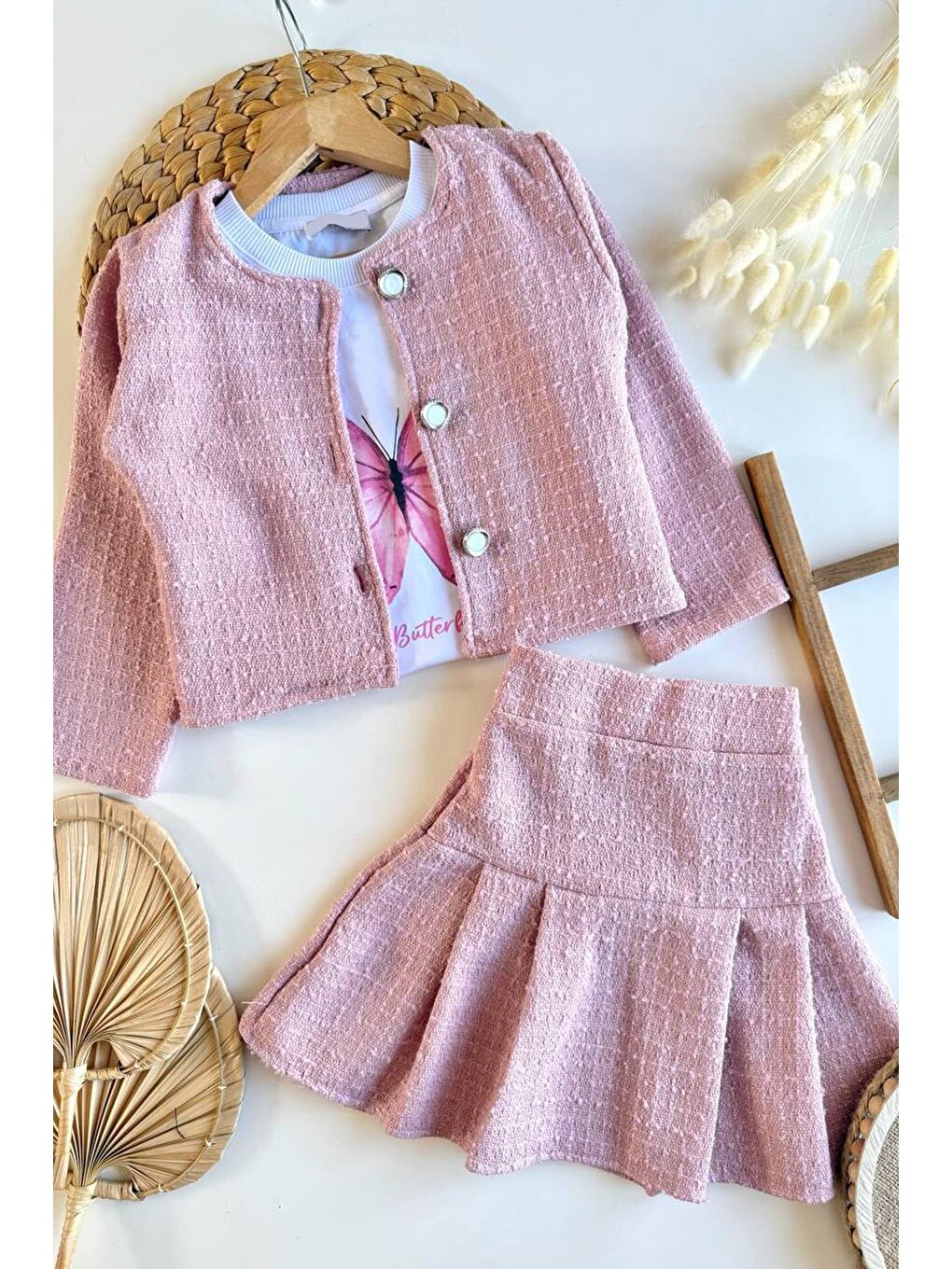 Kız Çocuk Pembe Tweed Kumaş  Etekli Ceketli Ve Tshirtlü 3'Lü Takım-1