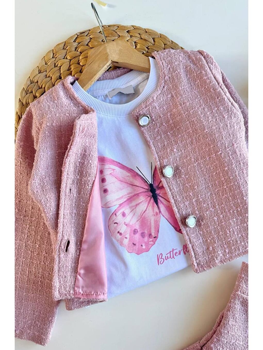 Kız Çocuk Pembe Tweed Kumaş  Etekli Ceketli Ve Tshirtlü 3'Lü Takım-2