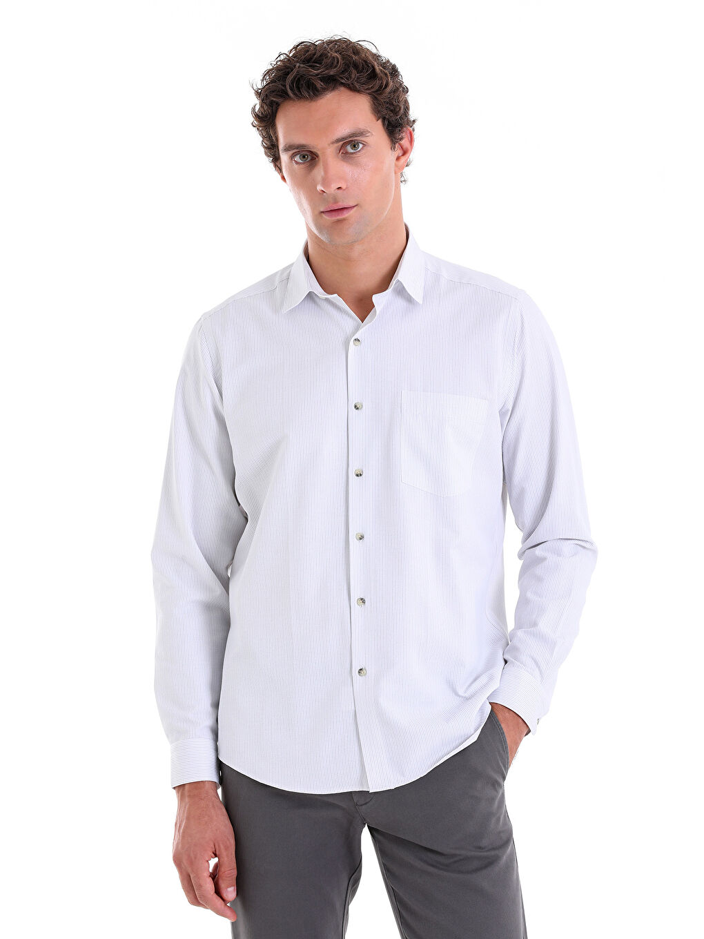 Gri Regular Fit Çizgili Pamuklu Slim Yaka Uzun Kollu Klasik Gömlek