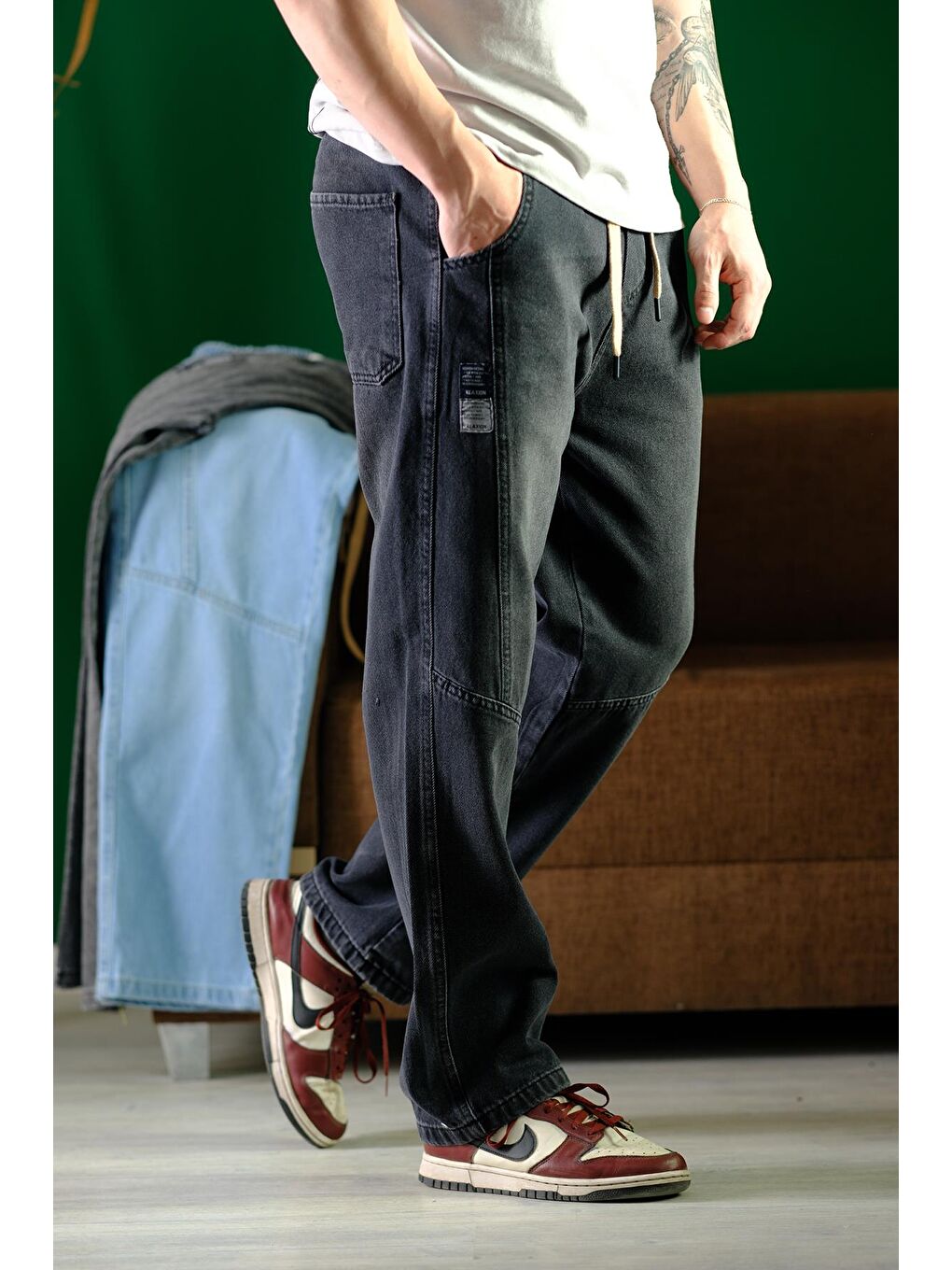 Gri Reax Camilla Beli Lastikli İpli Düz Paça Rahat Kesim Erkek Jean Pantolon