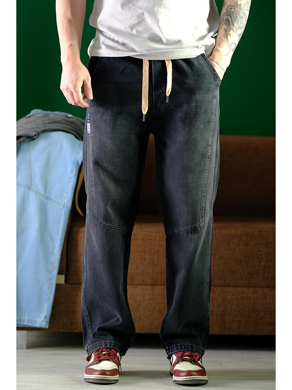 Gri Reax Camilla Beli Lastikli İpli Düz Paça Rahat Kesim Erkek Jean Pantolon-1