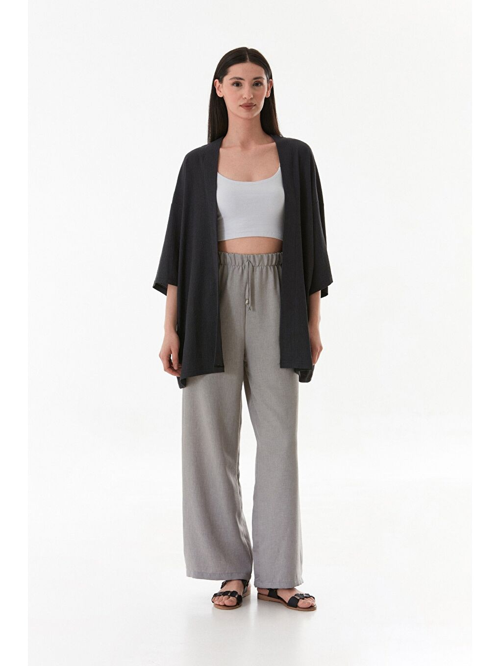Antrasit Basic Bürümcük Kumaş Şal Yaka Kimono-1