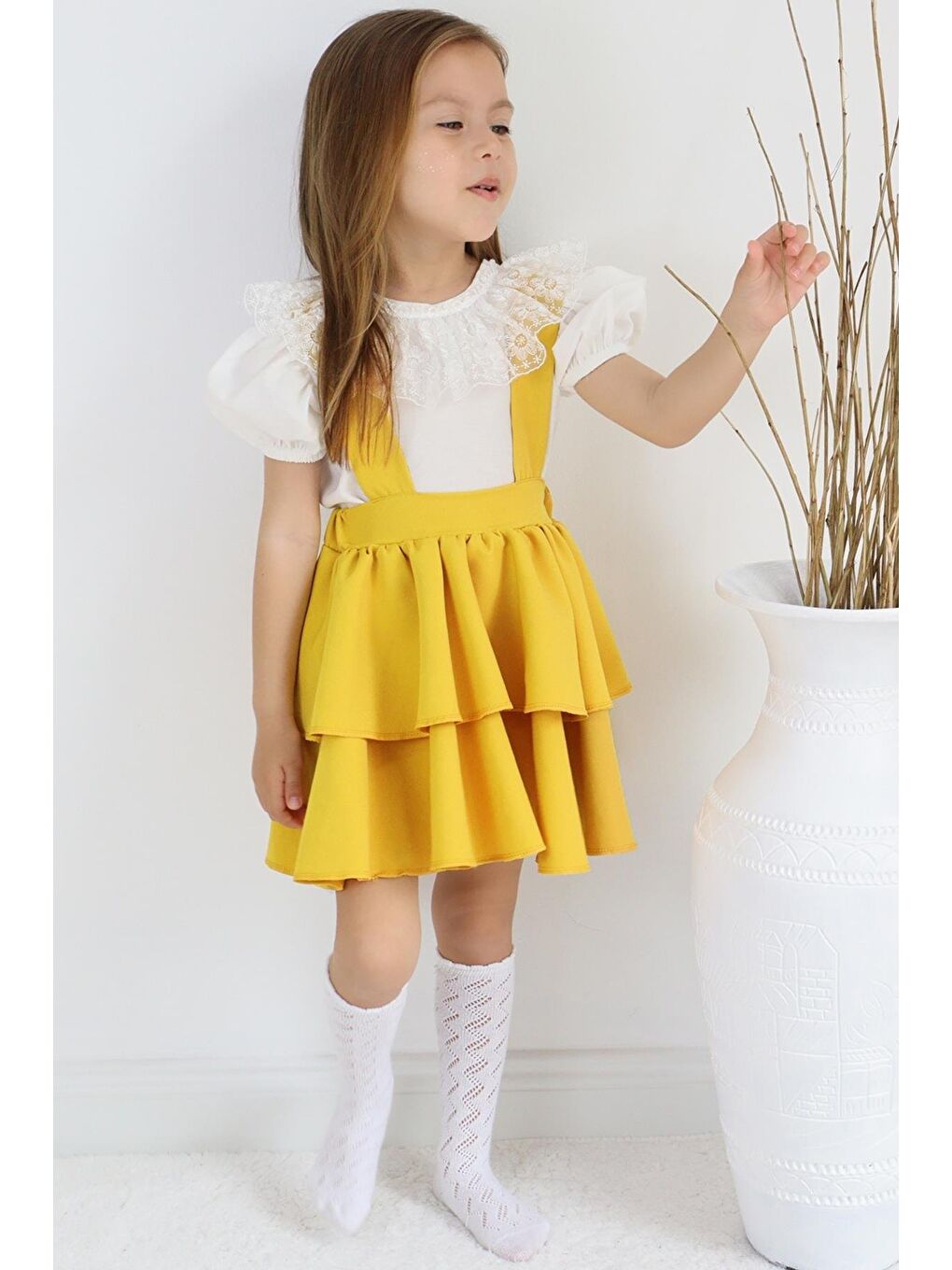 Kız Çocuk Helen Sarı Askılı Bağlama Jile 29 Ekim Elbise Ekru Dantel Kısa Kollu Bluz Abiye Takım-4