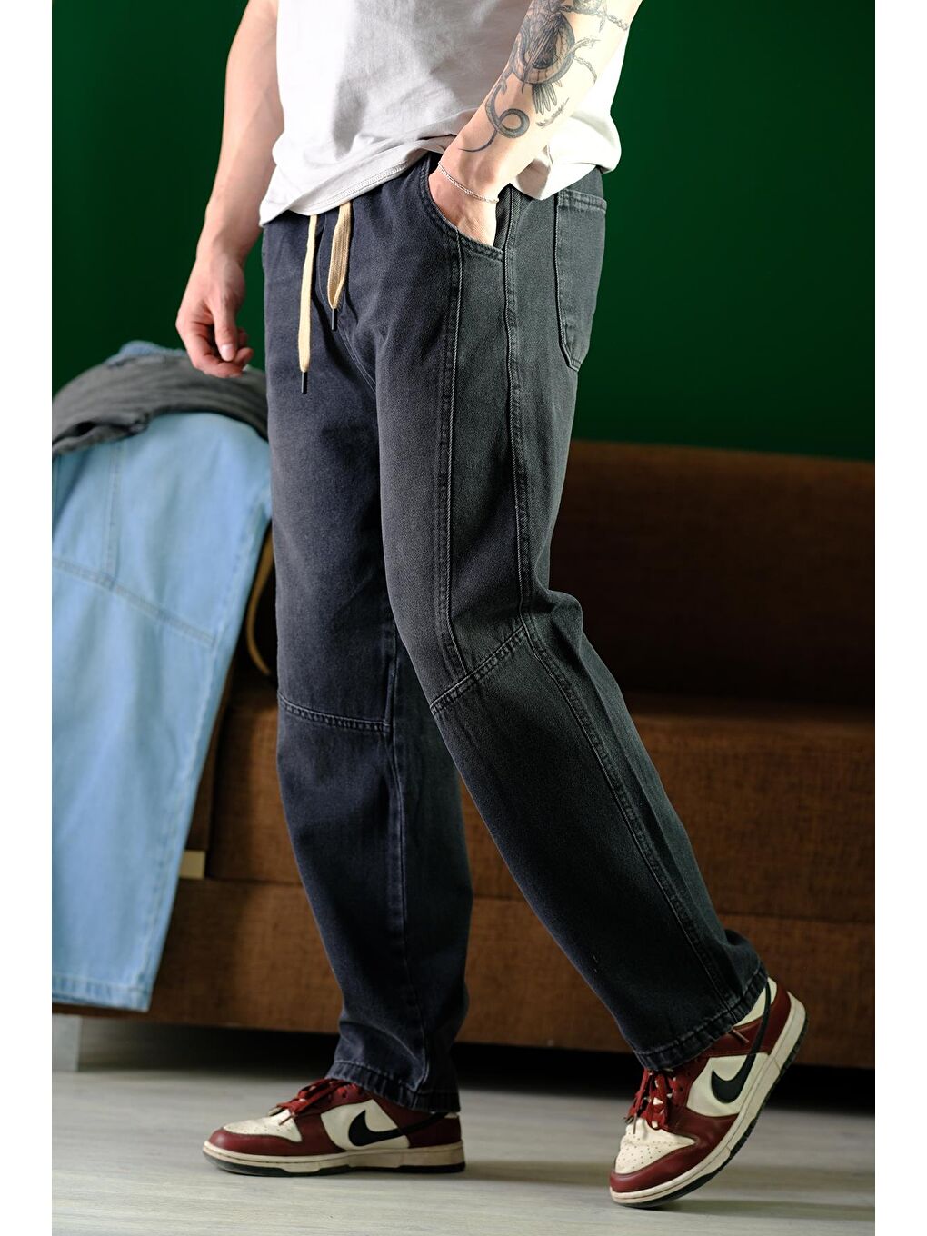 Gri Reax Camilla Beli Lastikli İpli Düz Paça Rahat Kesim Erkek Jean Pantolon-2