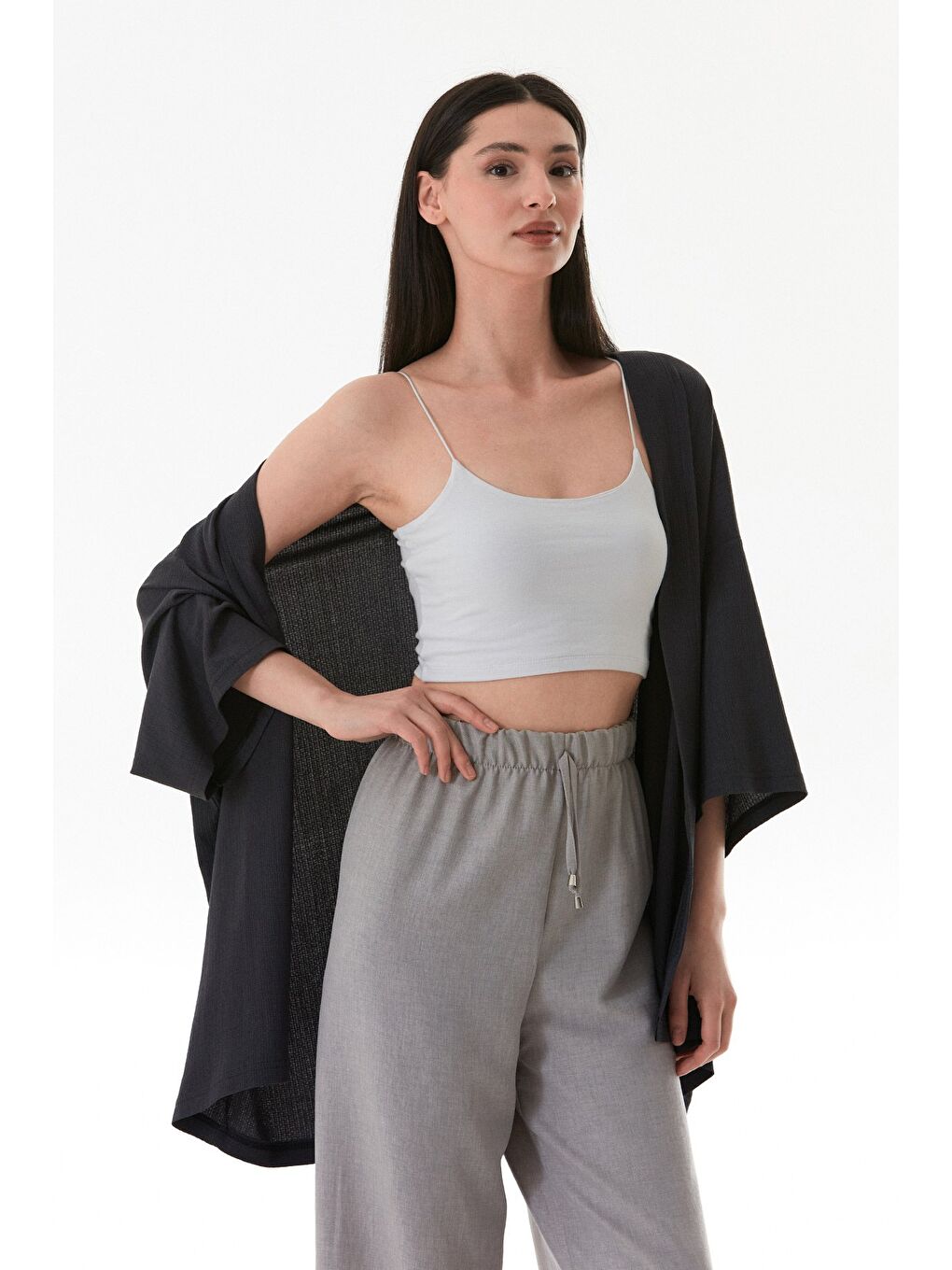 Antrasit Basic Bürümcük Kumaş Şal Yaka Kimono-2