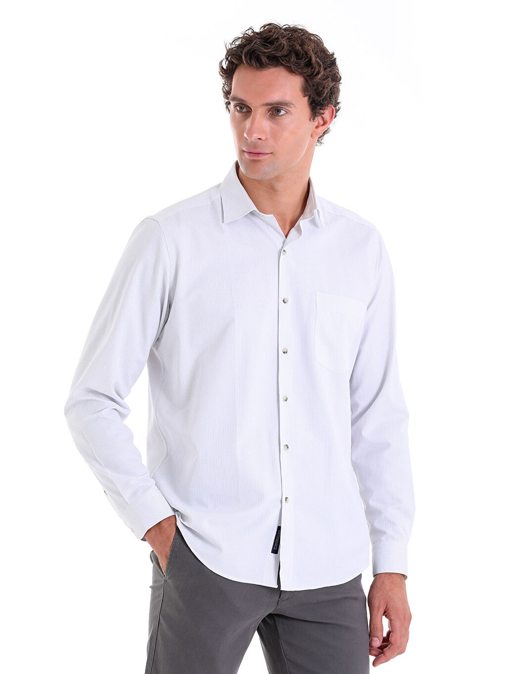 Gri Regular Fit Çizgili Pamuklu Slim Yaka Uzun Kollu Klasik Gömlek-1