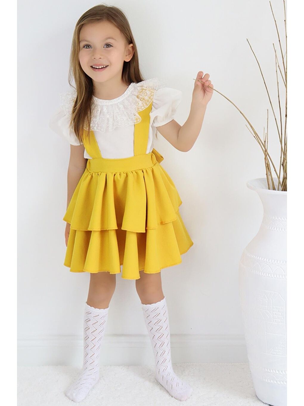 Kız Çocuk Helen Sarı Askılı Bağlama Jile 29 Ekim Elbise Ekru Dantel Kısa Kollu Bluz Abiye Takım-5