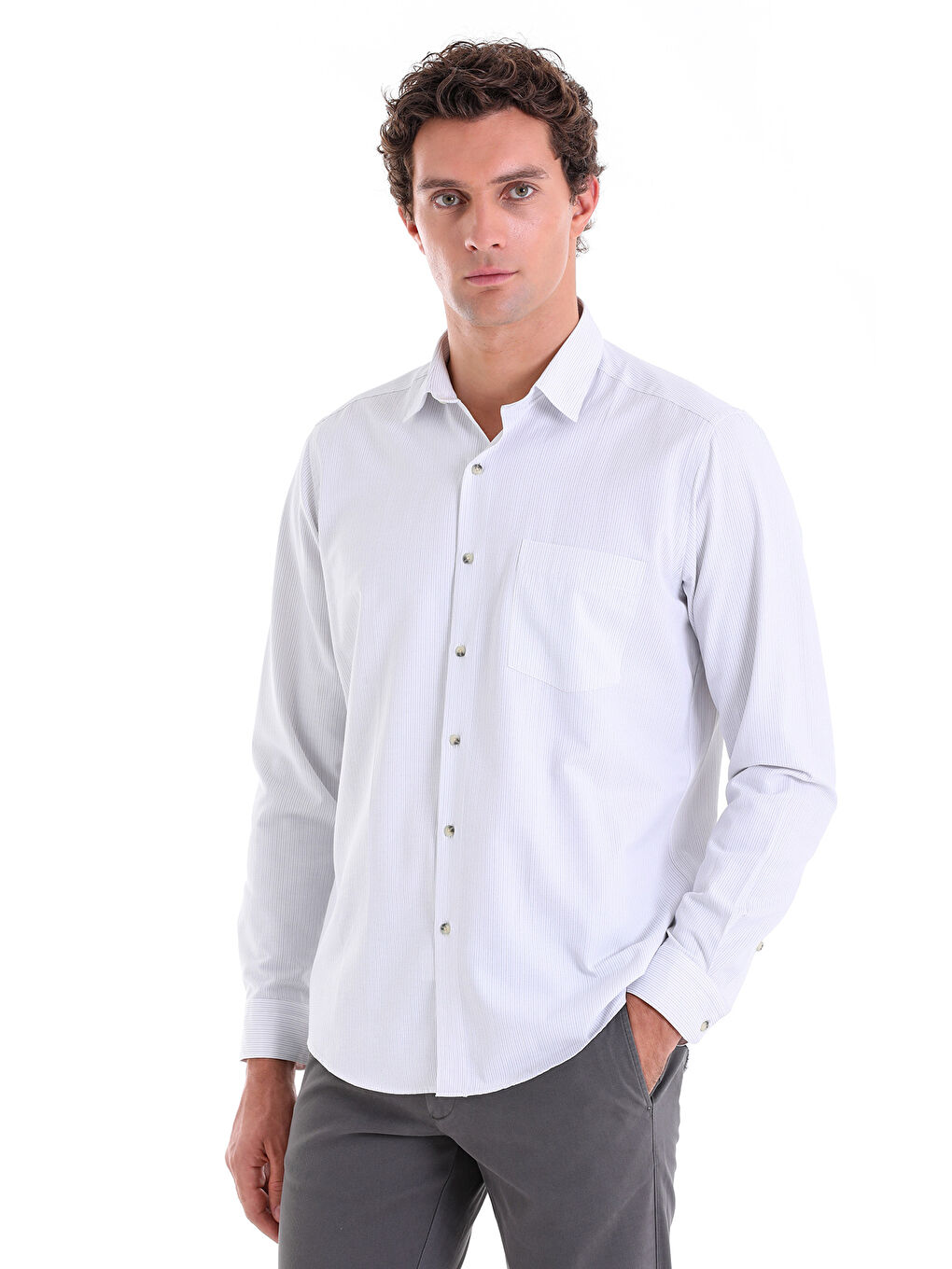 Gri Regular Fit Çizgili Pamuklu Slim Yaka Uzun Kollu Klasik Gömlek-2