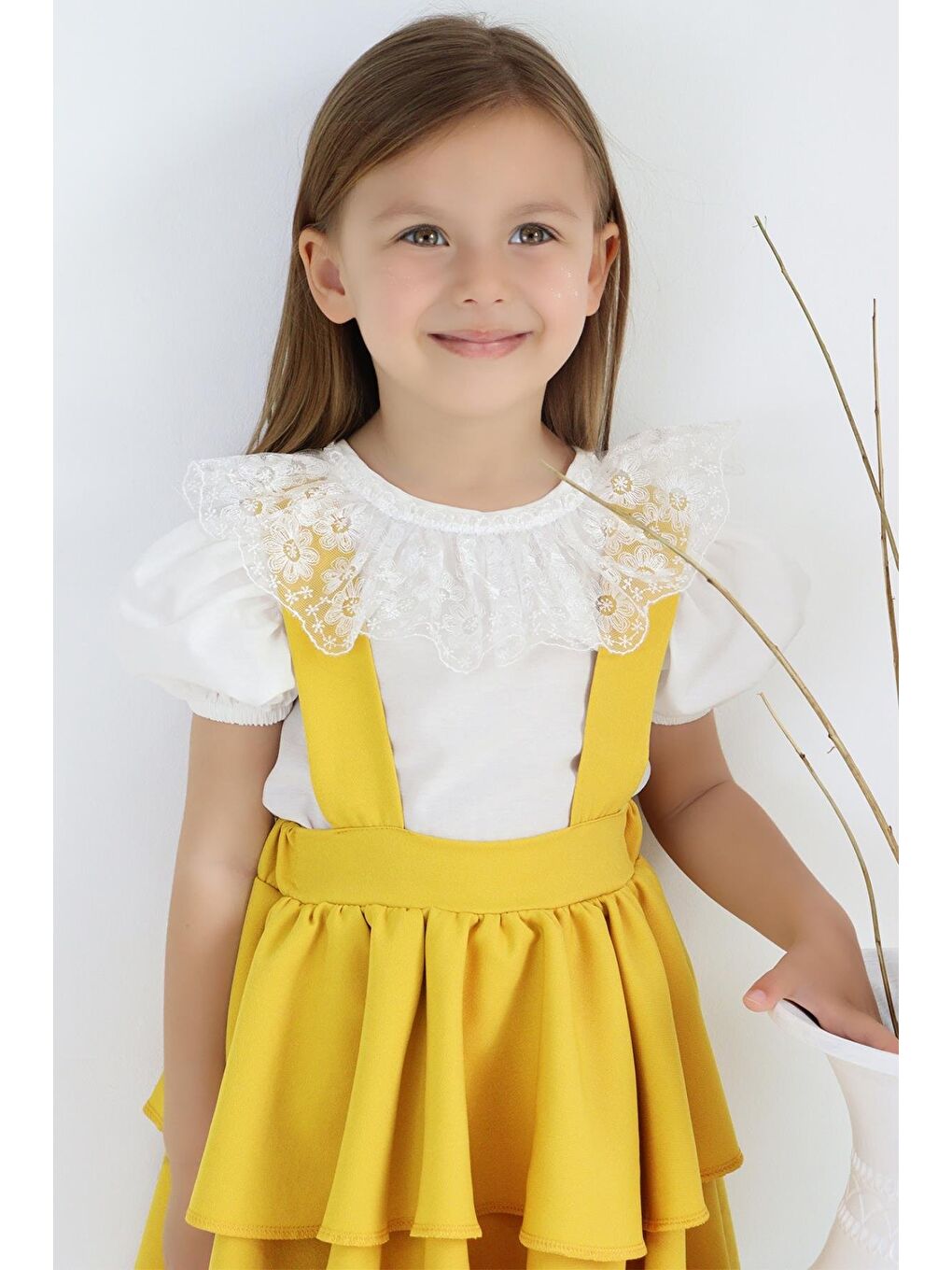 Kız Çocuk Helen Sarı Askılı Bağlama Jile 29 Ekim Elbise Ekru Dantel Kısa Kollu Bluz Abiye Takım-6