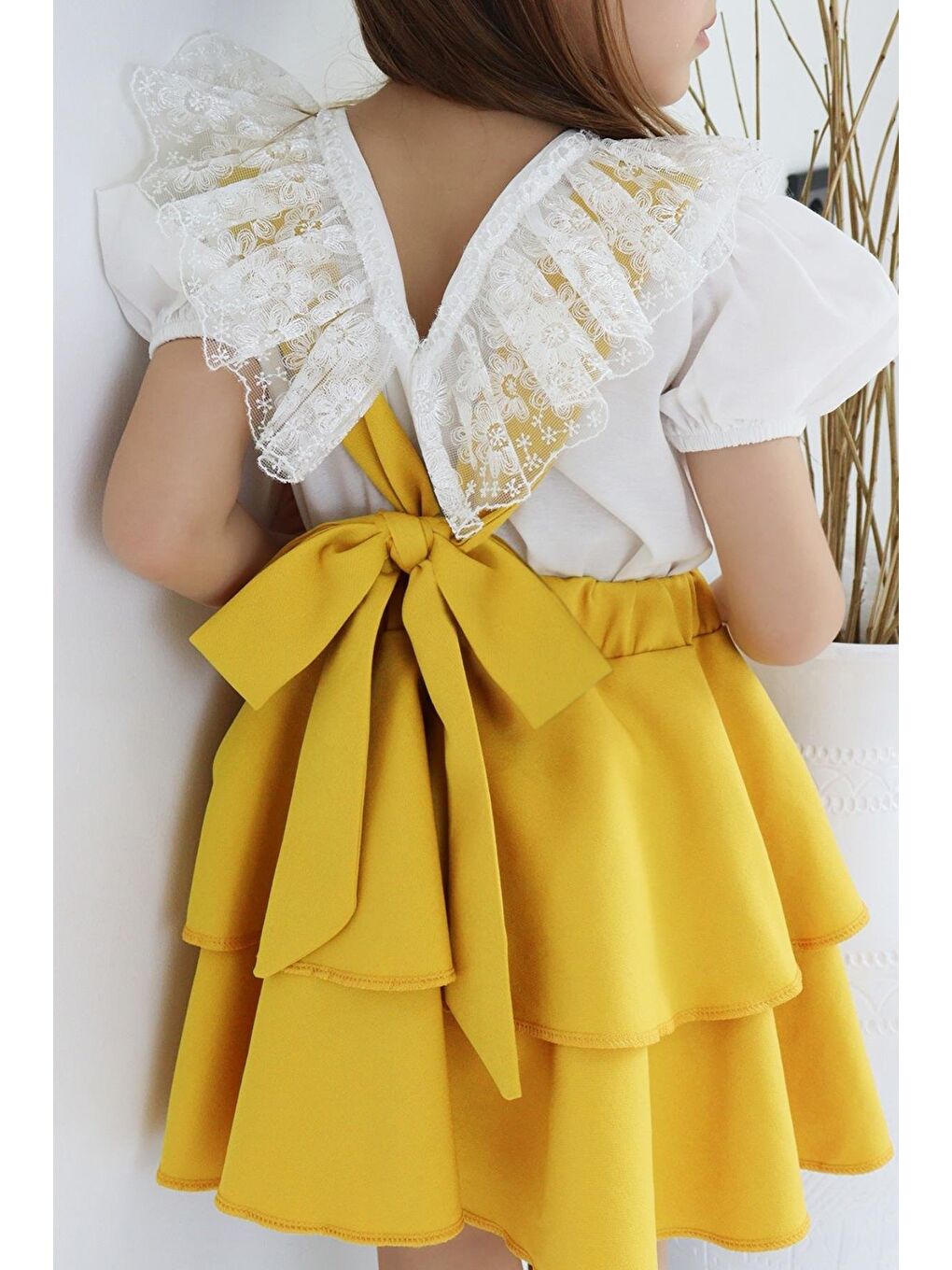 Kız Çocuk Helen Sarı Askılı Bağlama Jile 29 Ekim Elbise Ekru Dantel Kısa Kollu Bluz Abiye Takım-7