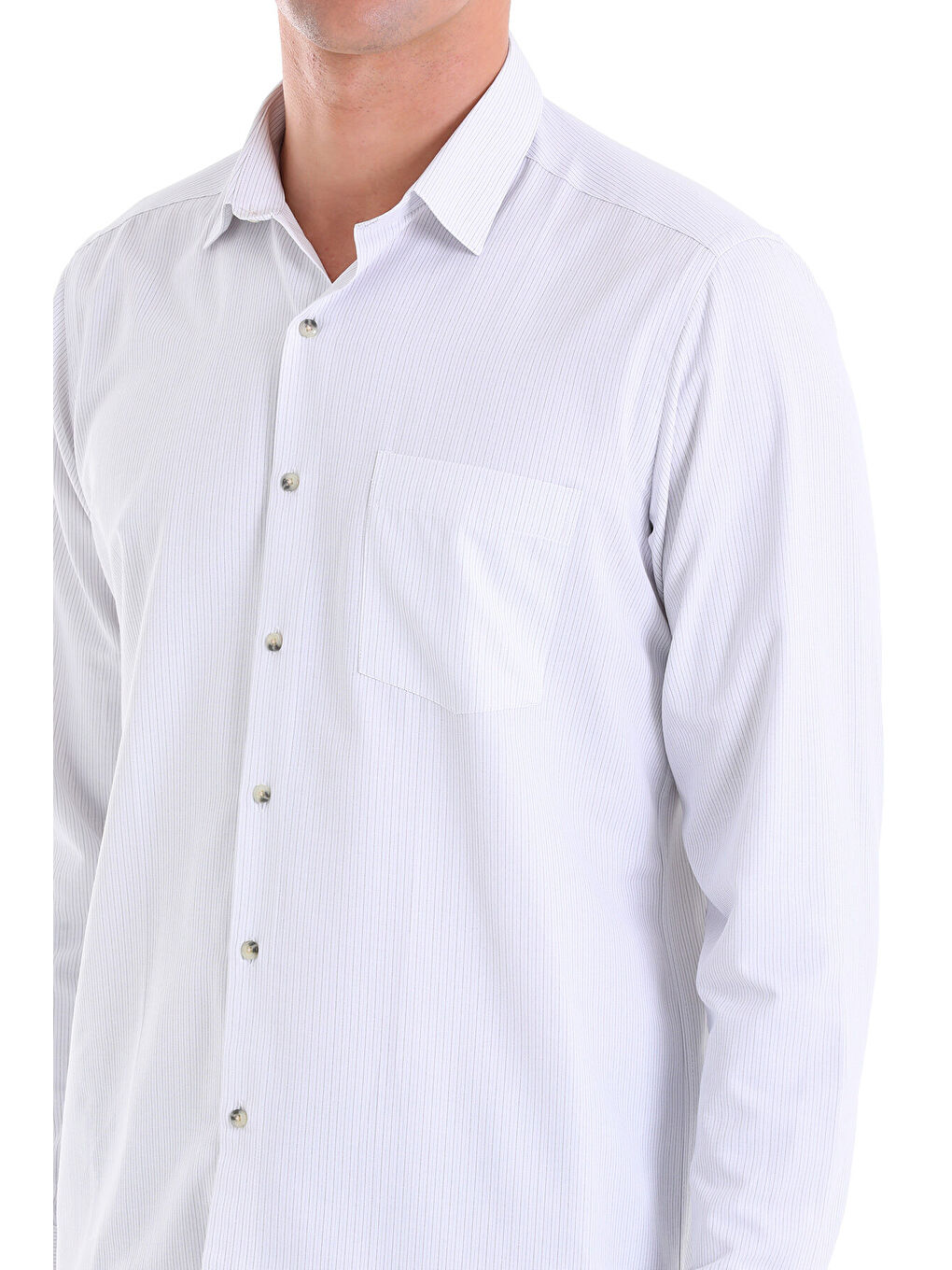 Gri Regular Fit Çizgili Pamuklu Slim Yaka Uzun Kollu Klasik Gömlek-4
