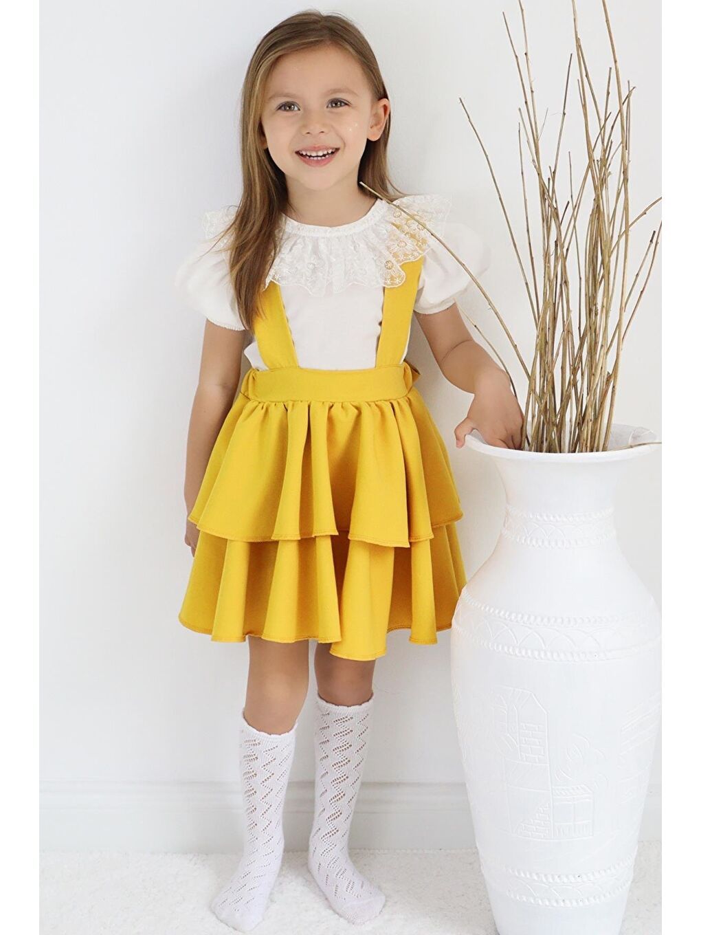 Kız Çocuk Helen Sarı Askılı Bağlama Jile 29 Ekim Elbise Ekru Dantel Kısa Kollu Bluz Abiye Takım-8