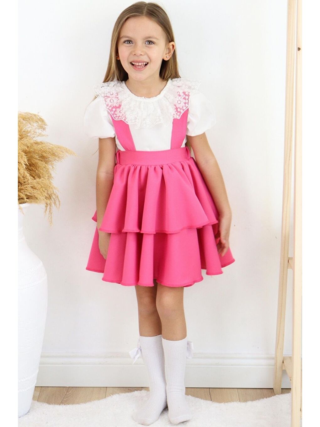 Pembe Kız Çocuk Askılı Jile ve Bluz Takım-5