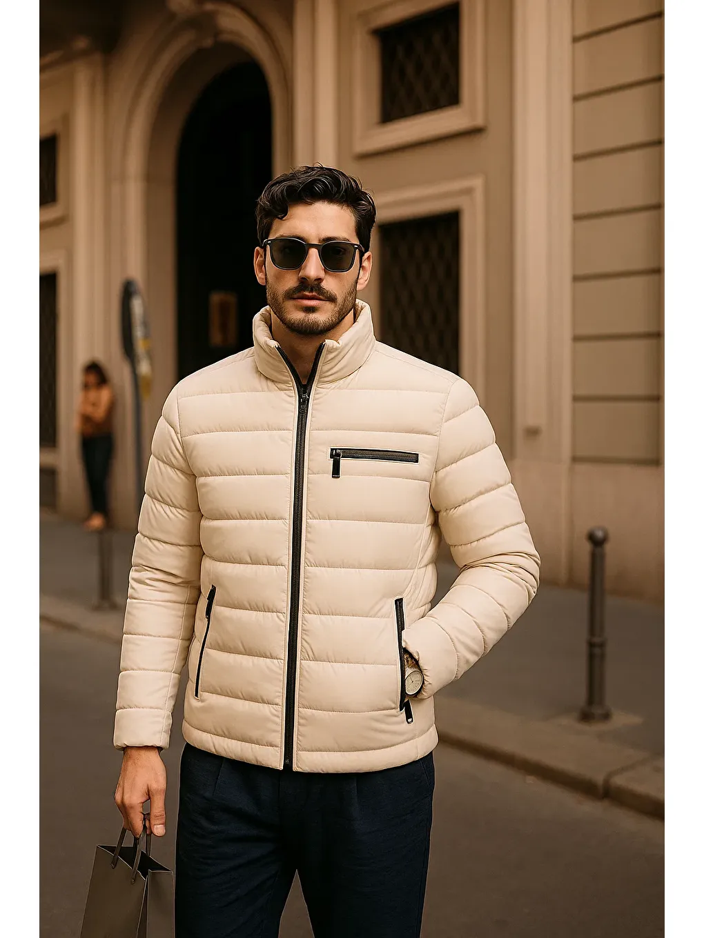 Ekru Erkek Comfort Fermuarlı Günlük Kışlık Krem Şişme Mont