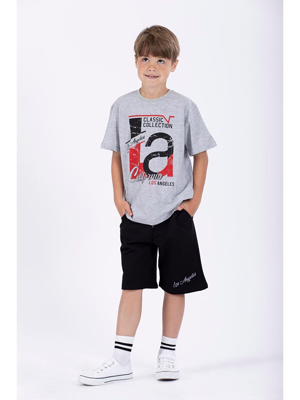 Bisiklet Yaka Kısa Kol Classıc Collectıon Baskılı Gri Renk Erkek Çocuk Kaprili Takım