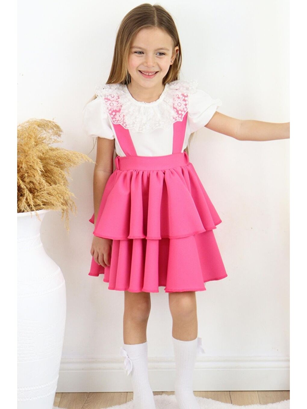Pembe Kız Çocuk Askılı Jile ve Bluz Takım-6