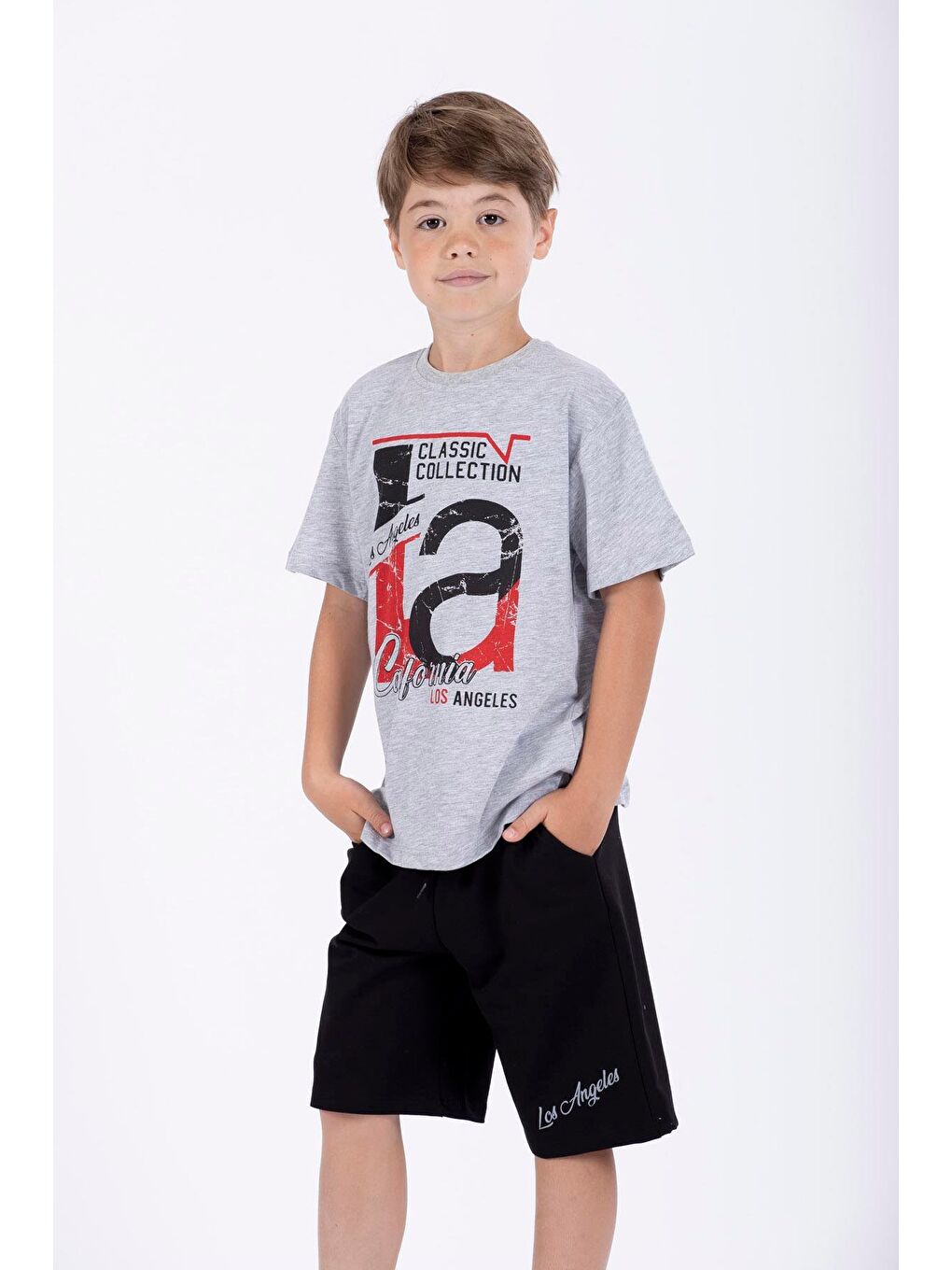 Bisiklet Yaka Kısa Kol Classıc Collectıon Baskılı Gri Renk Erkek Çocuk Kaprili Takım-2