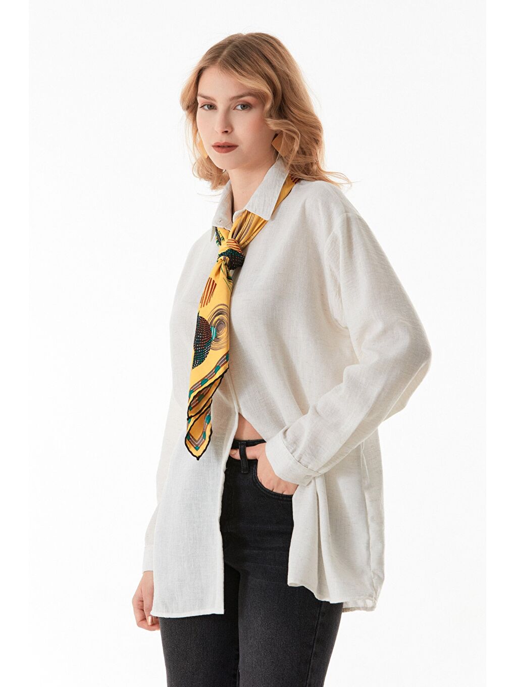 Ekru Kırçıllı Düğmeli Oversize Gömlek-1