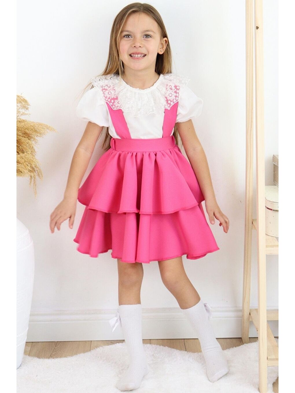 Pembe Kız Çocuk Askılı Jile ve Bluz Takım-8