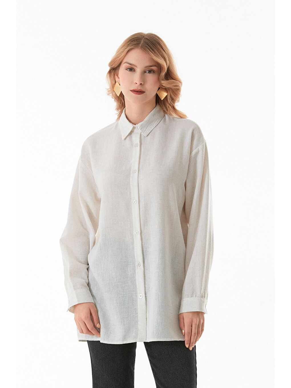 Ekru Kırçıllı Düğmeli Oversize Gömlek-2