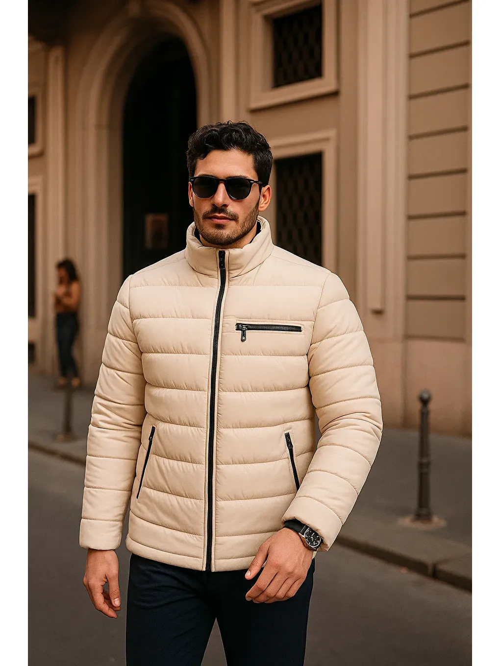 Ekru Erkek Comfort Fermuarlı Günlük Kışlık Krem Şişme Mont-1