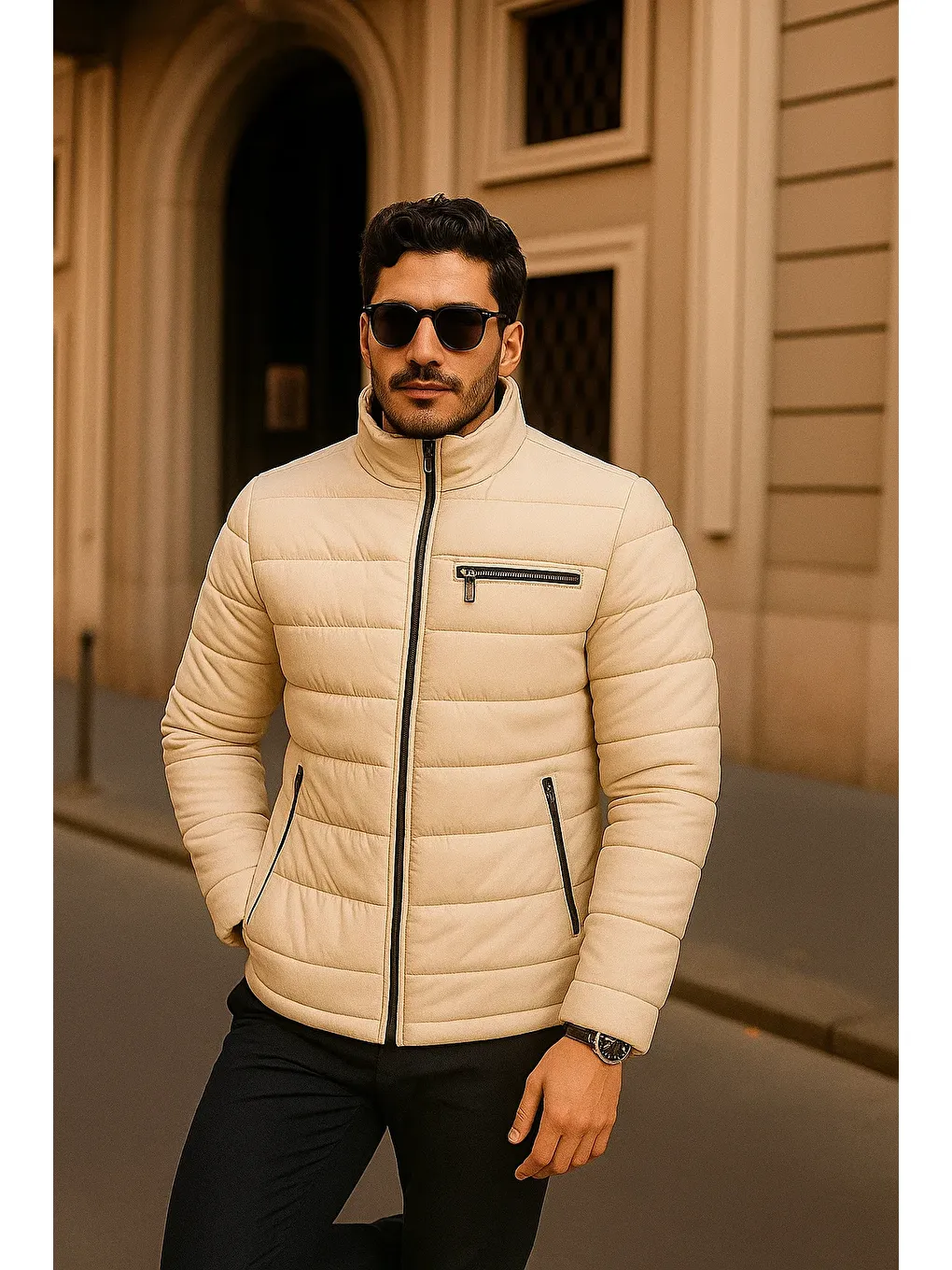 Ekru Erkek Comfort Fermuarlı Günlük Kışlık Krem Şişme Mont-3