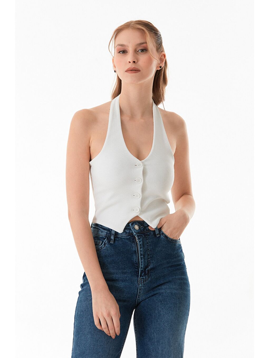 Ekru Boyundan Geçmeli Düğmeli Yelek