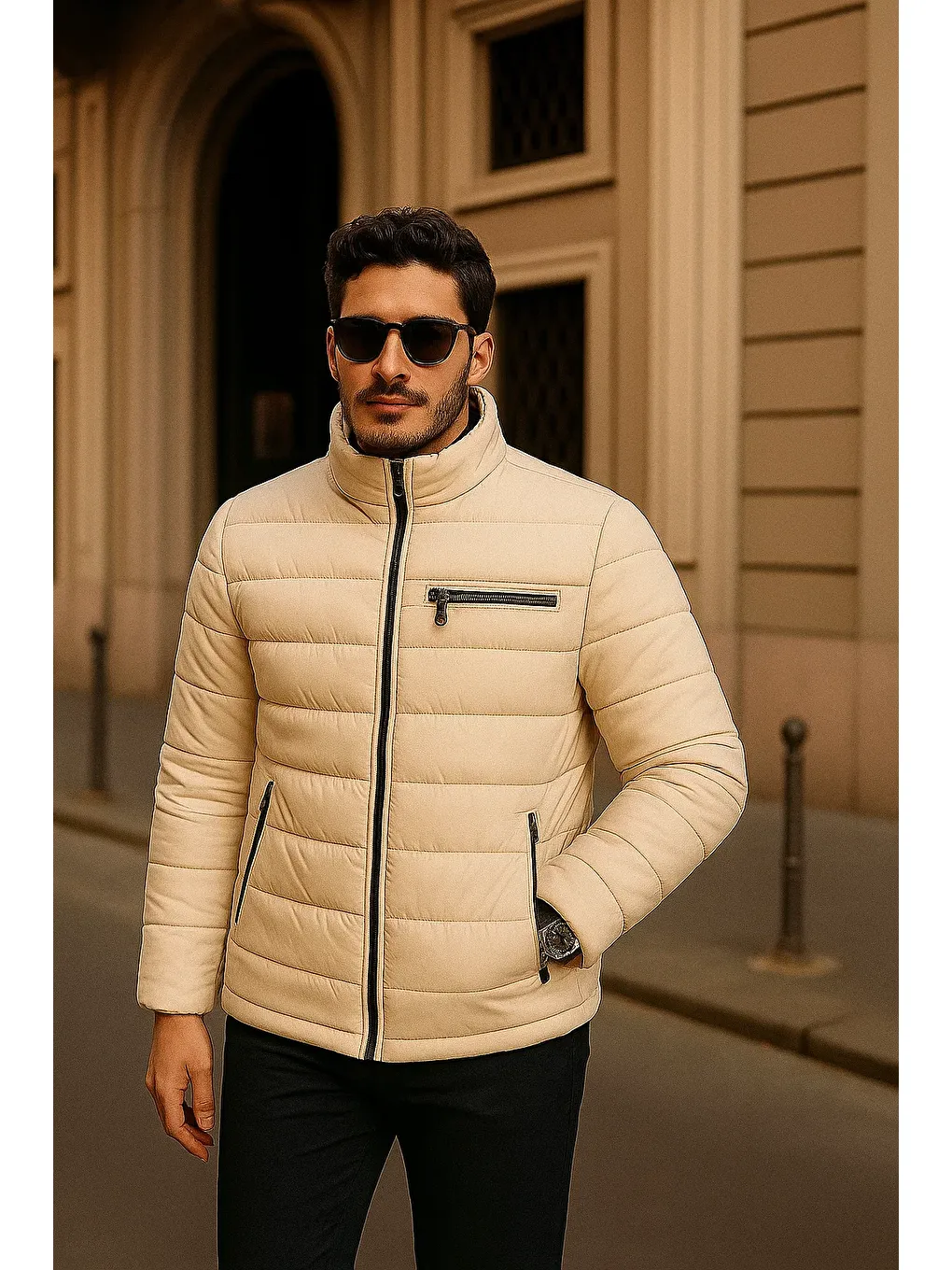 Ekru Erkek Comfort Fermuarlı Günlük Kışlık Krem Şişme Mont-4