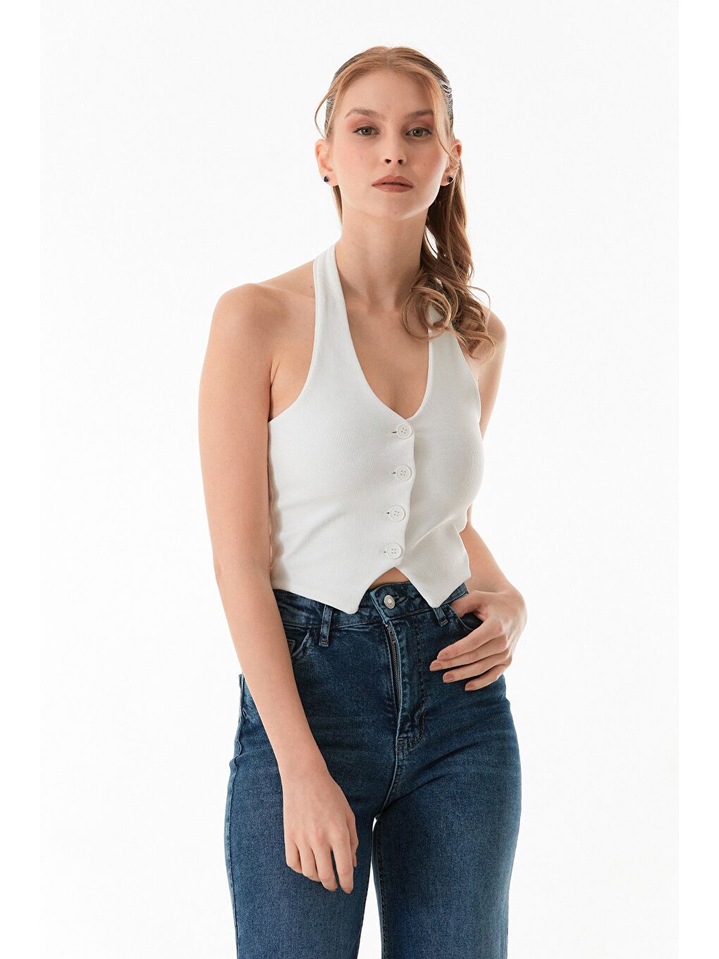 Ekru Boyundan Geçmeli Düğmeli Yelek-4