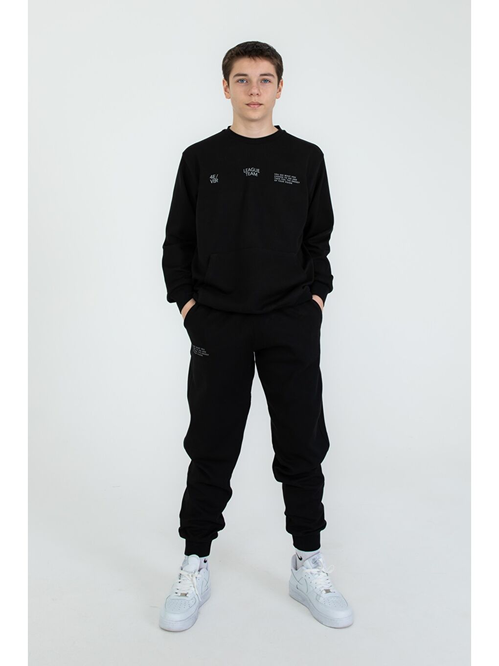 Siyah Bisiklet Yaka Basic Alt Üst Eşofman Takım-1