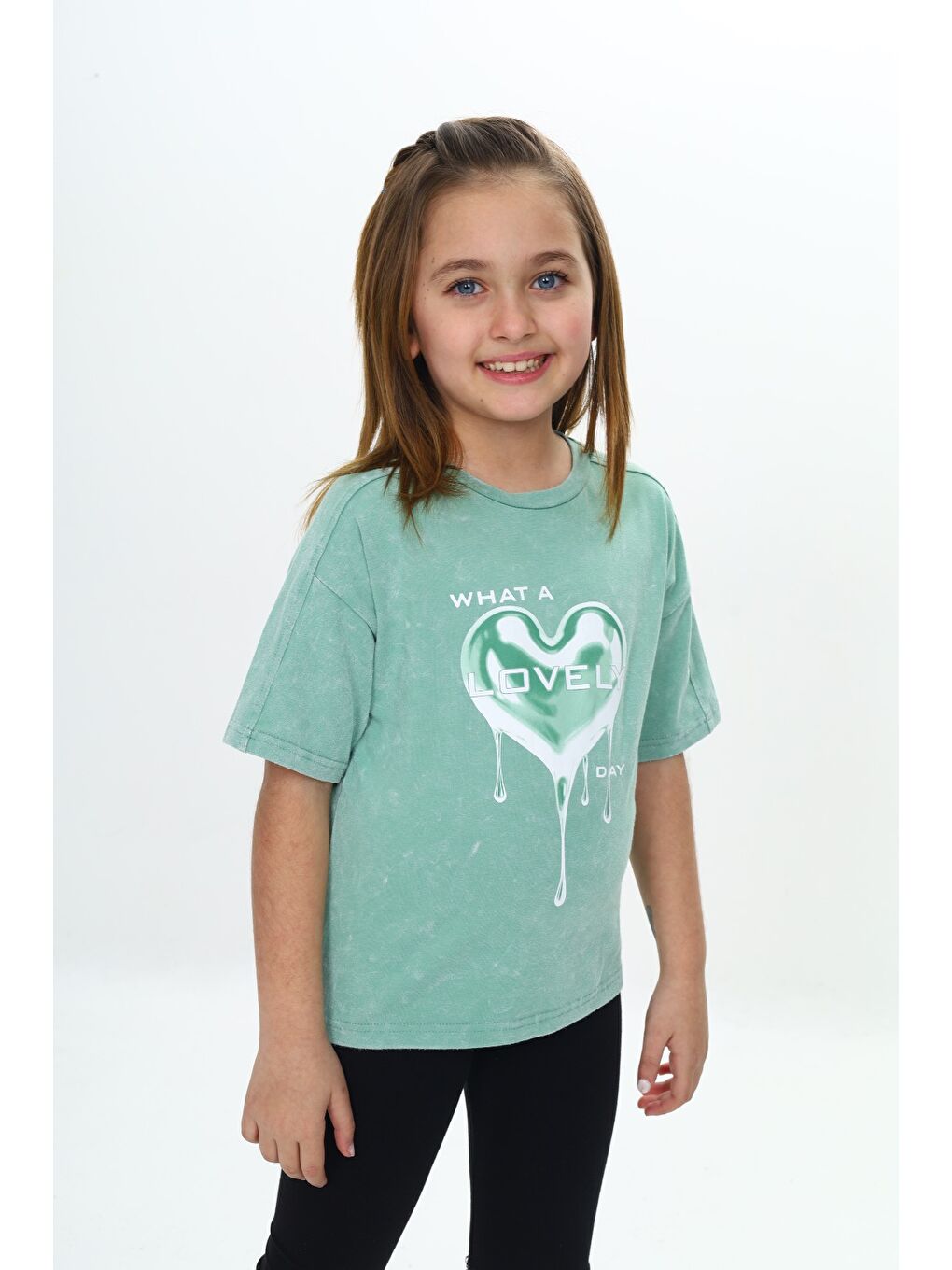Yeşil Kız Çocuk Yıkamalı Kalp Baskılı Tişört-2