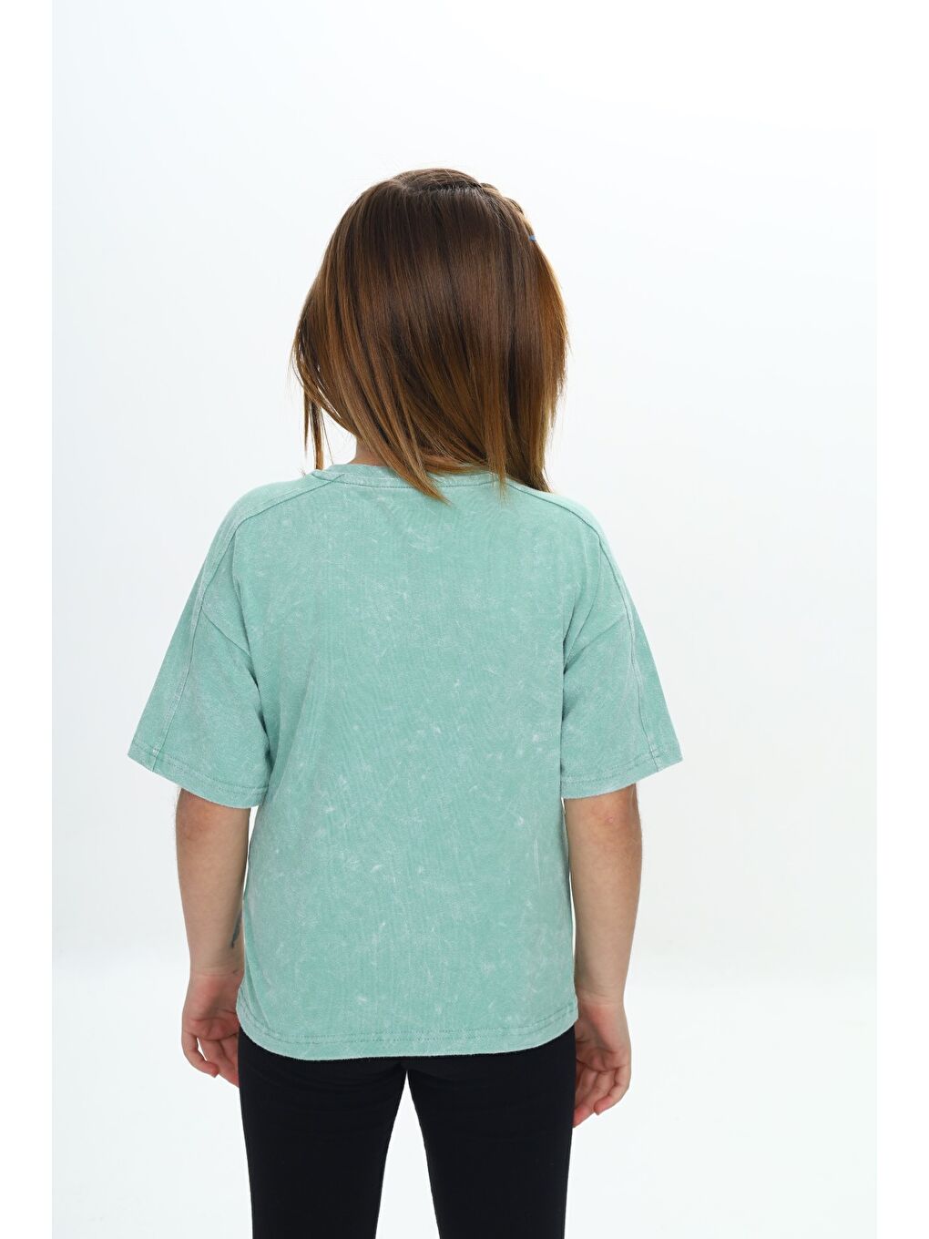 Yeşil Kız Çocuk Yıkamalı Kalp Baskılı Tişört-3