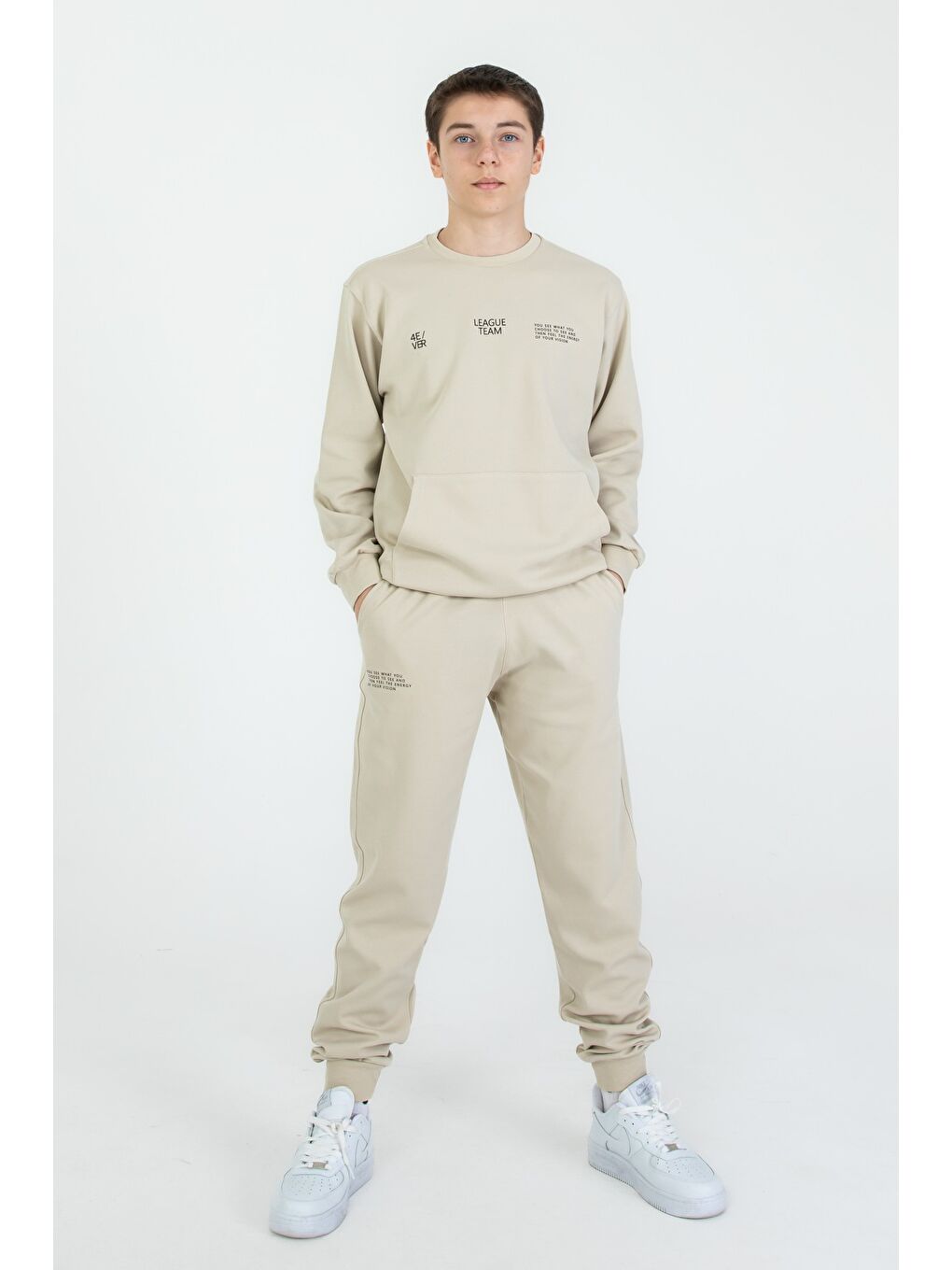 Bej Bisiklet Yaka Basic Alt Üst Eşofman Takım