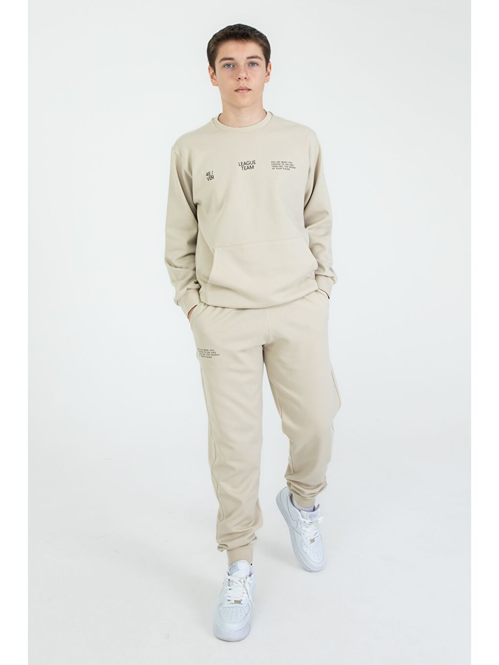 Bej Bisiklet Yaka Basic Alt Üst Eşofman Takım-1