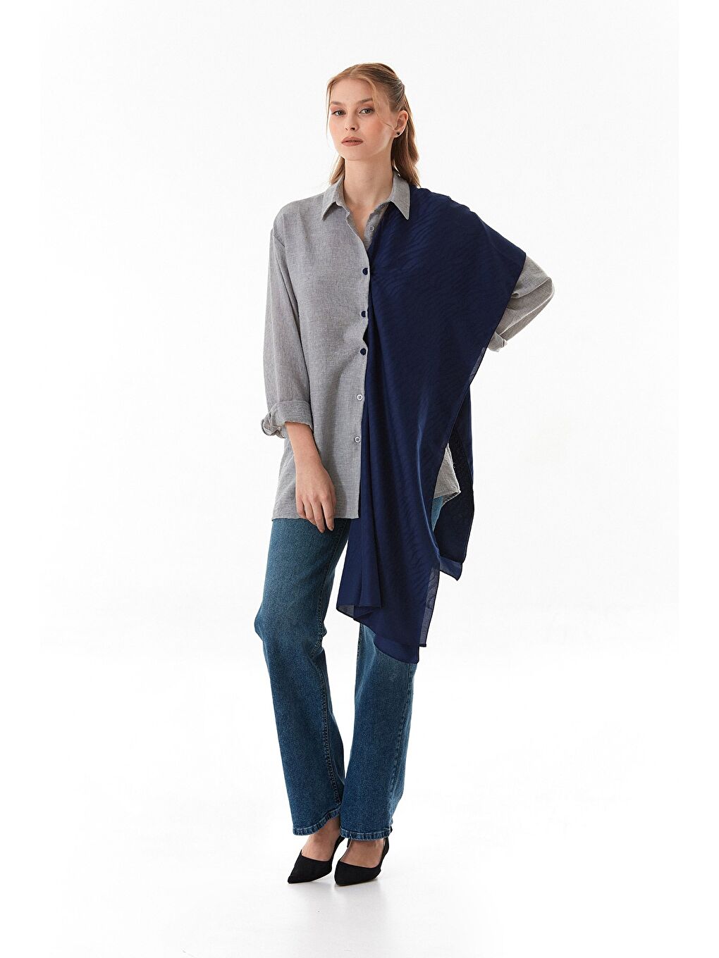 Gri Kırçıllı Düğmeli Oversize Gömlek