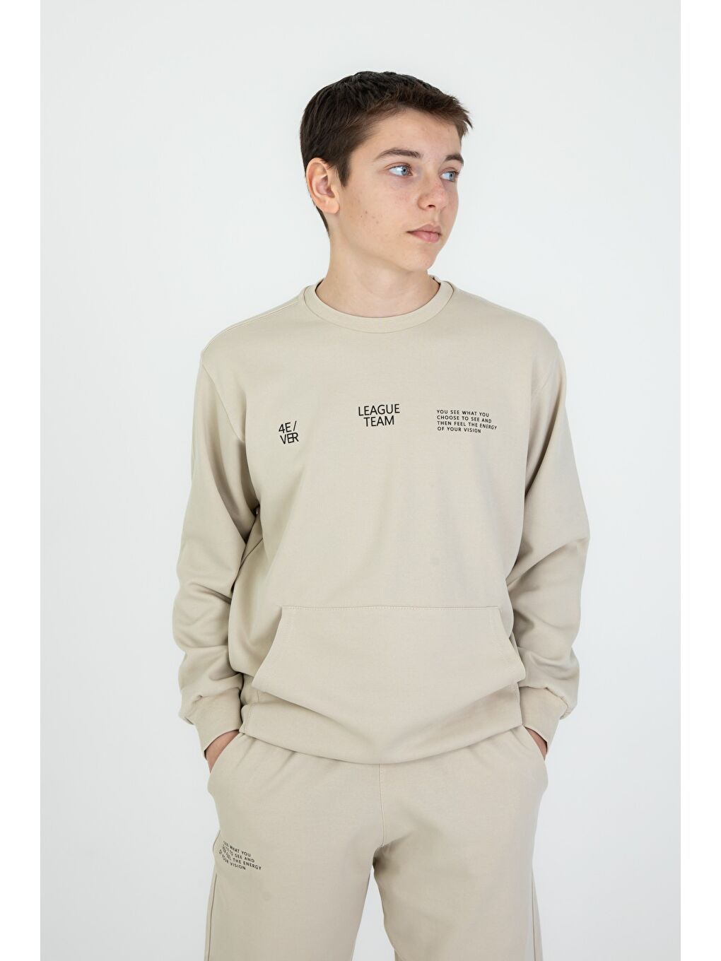 Bej Bisiklet Yaka Basic Alt Üst Eşofman Takım-2