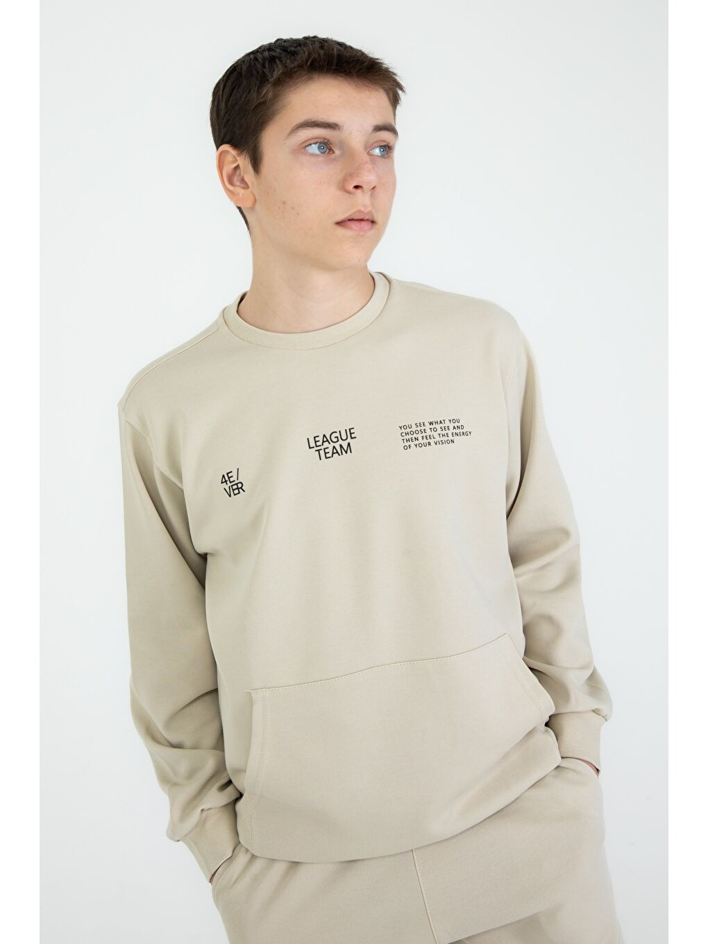 Bej Bisiklet Yaka Basic Alt Üst Eşofman Takım-3