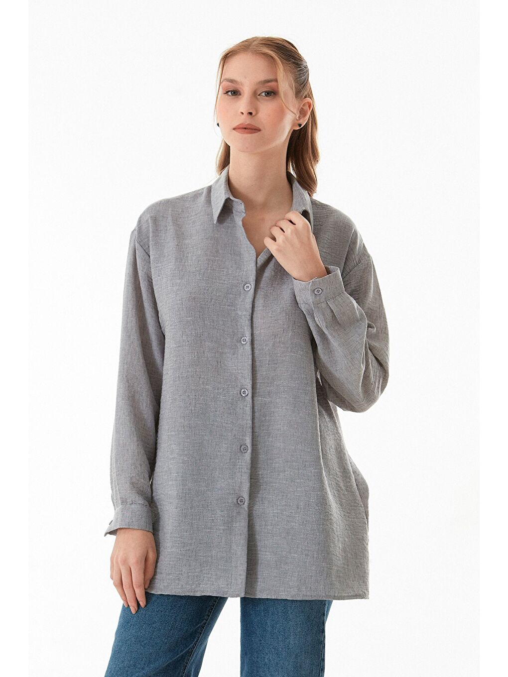 Gri Kırçıllı Düğmeli Oversize Gömlek-1