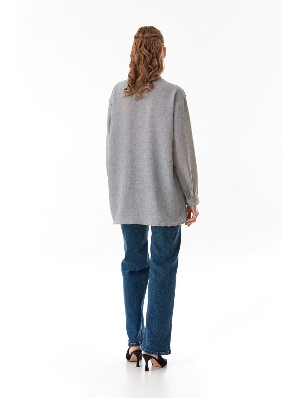 Gri Kırçıllı Düğmeli Oversize Gömlek-2
