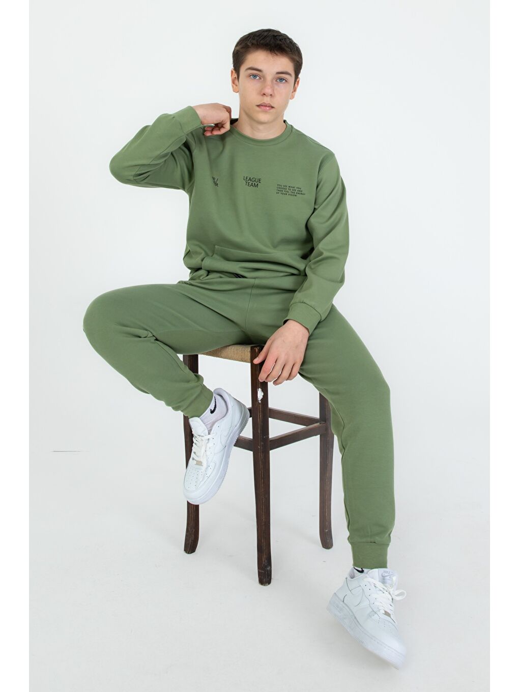 Haki Bisiklet Yaka Basic Alt Üst Eşofman Takım-2