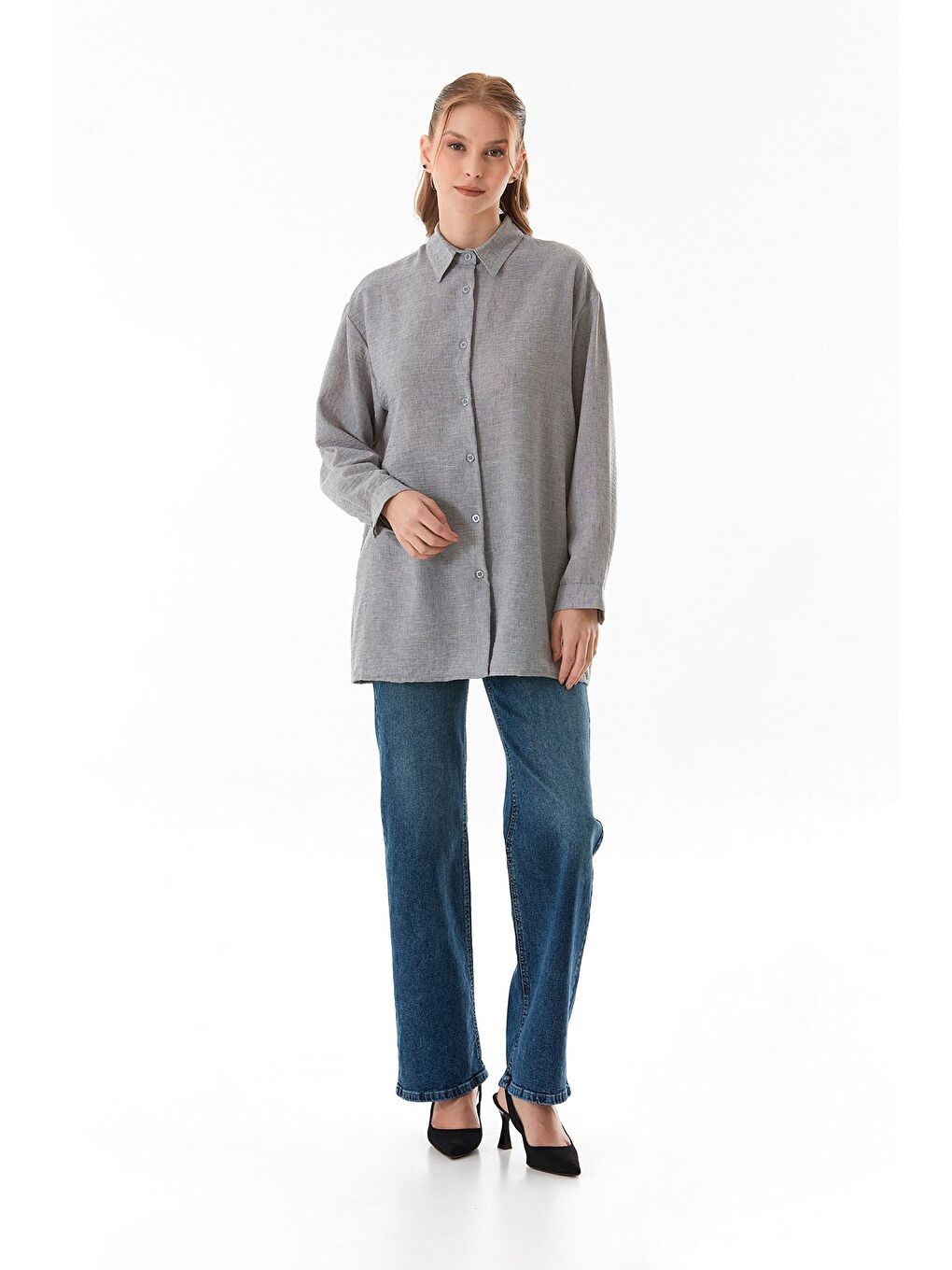 Gri Kırçıllı Düğmeli Oversize Gömlek-4