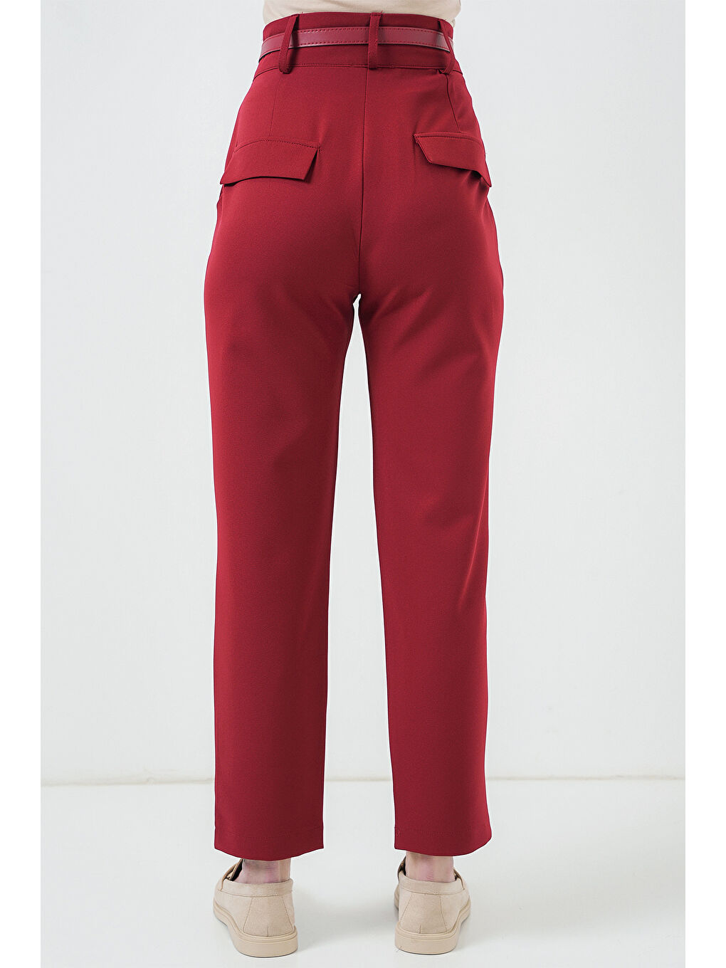 Kadın Pileli Kemerli Kumaş Pantolon 6725 - Kırmızı-5