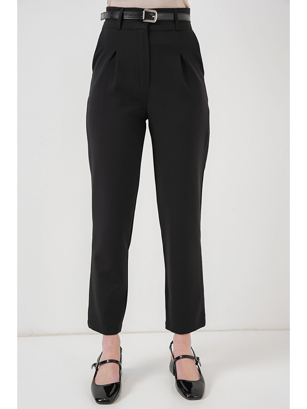 Kadın Pileli Kemerli Kumaş Pantolon 6725 - Siyah-3