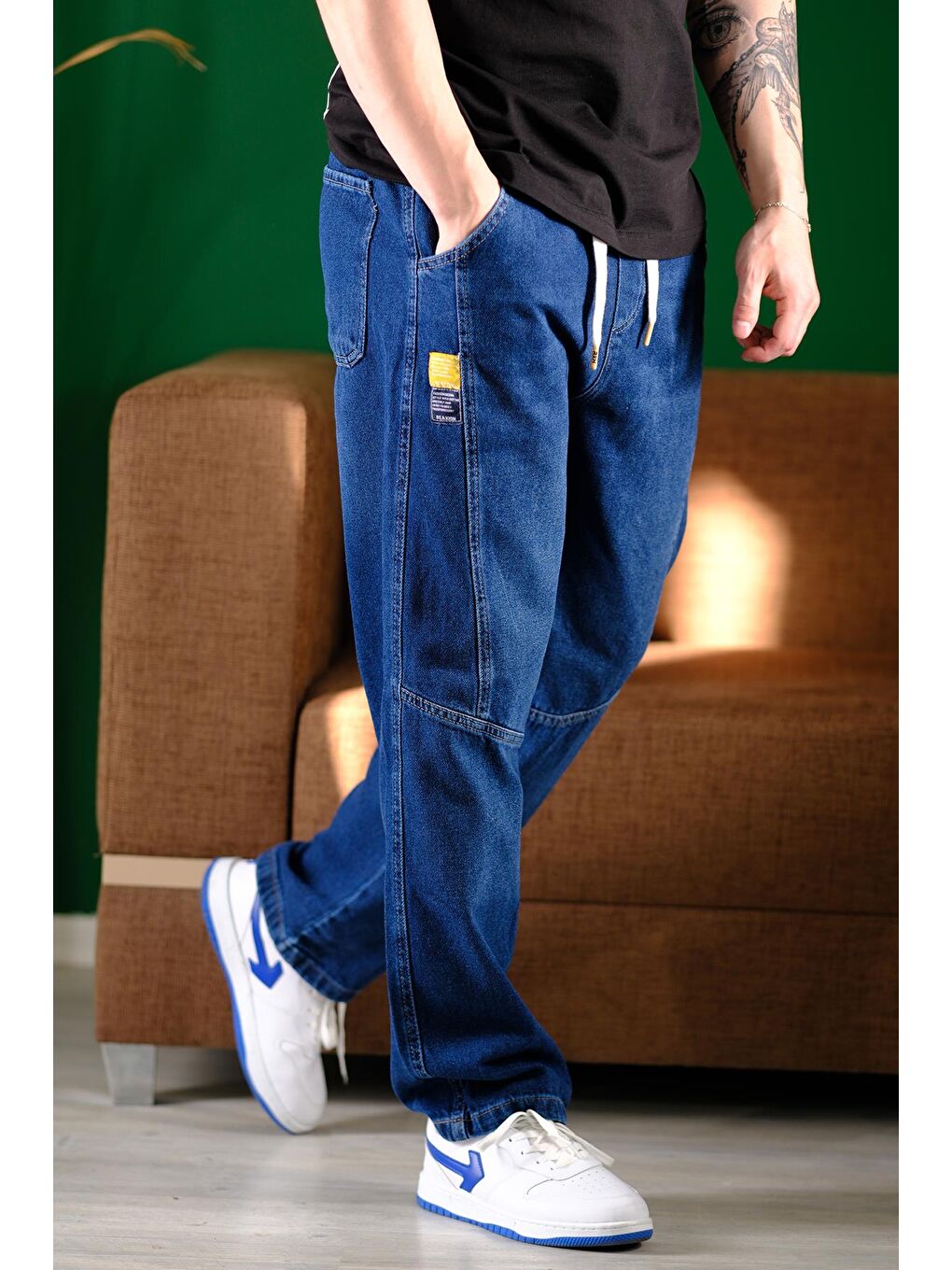 Lacivert Reax Camilla Beli Lastikli İpli Düz Paça Rahat Kesim Erkek Jean Pantolon