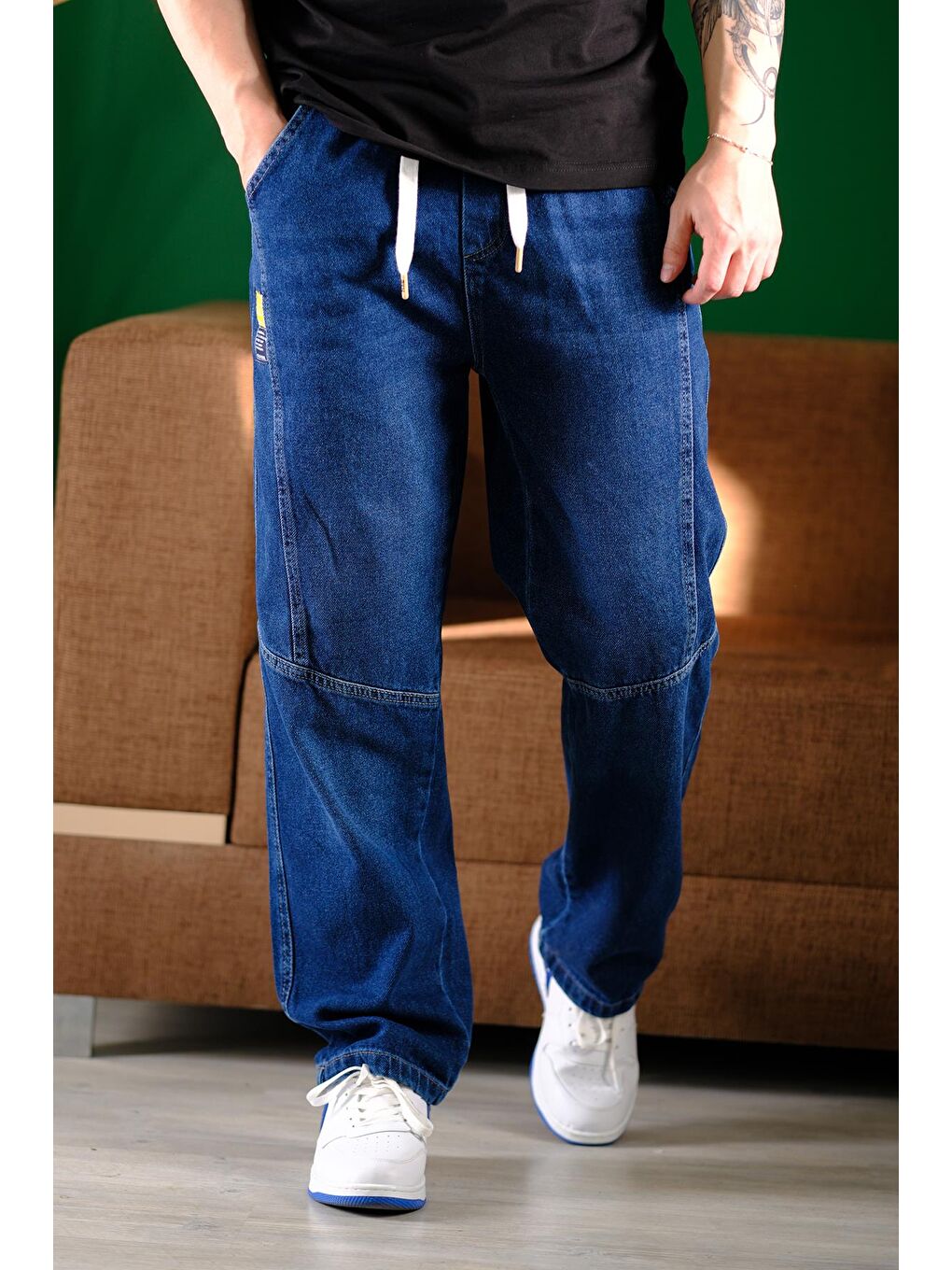Lacivert Reax Camilla Beli Lastikli İpli Düz Paça Rahat Kesim Erkek Jean Pantolon-1